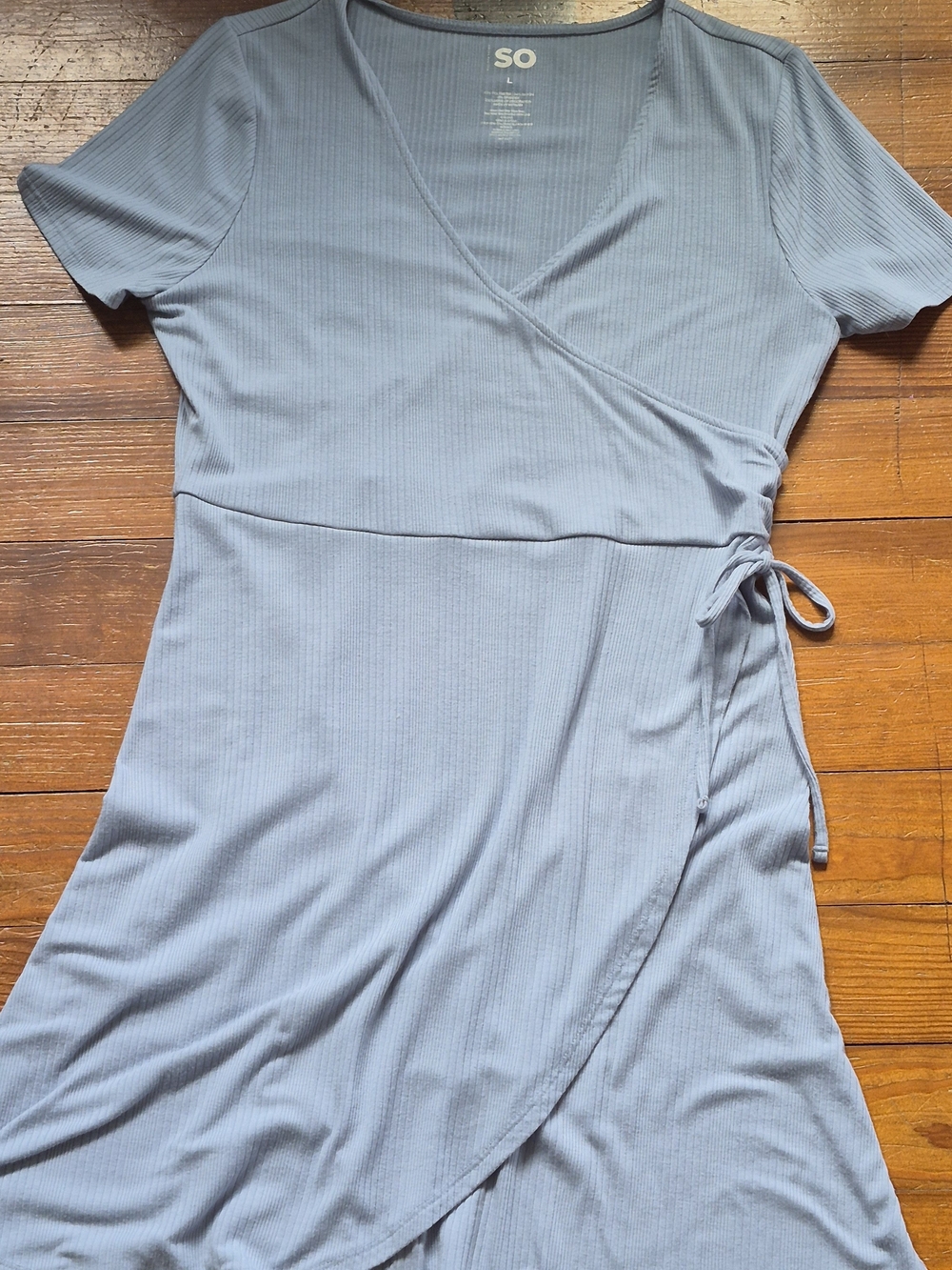 SO Ribbed Tie Wrap Dress in Light Blue- Large